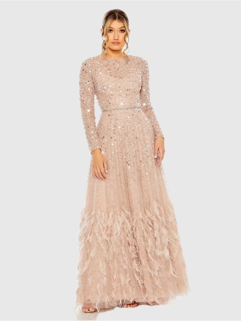 Mac Duggal 11782 Pink Disc Embellished Sequin Gown with Feather Detail Sz 6 NWT - Picture 2 of 16